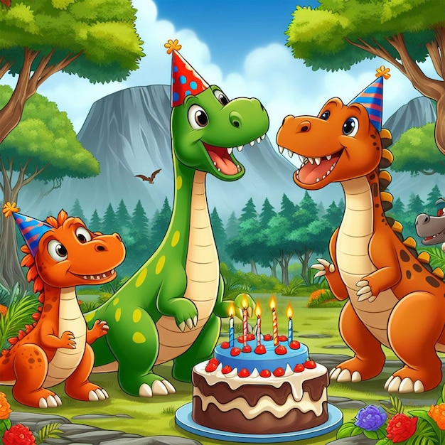 Foto dyno celebra su cumpleaños en un bosque ilustración de dibujos animados para el libro de cuentos de la escuela ai imágenes