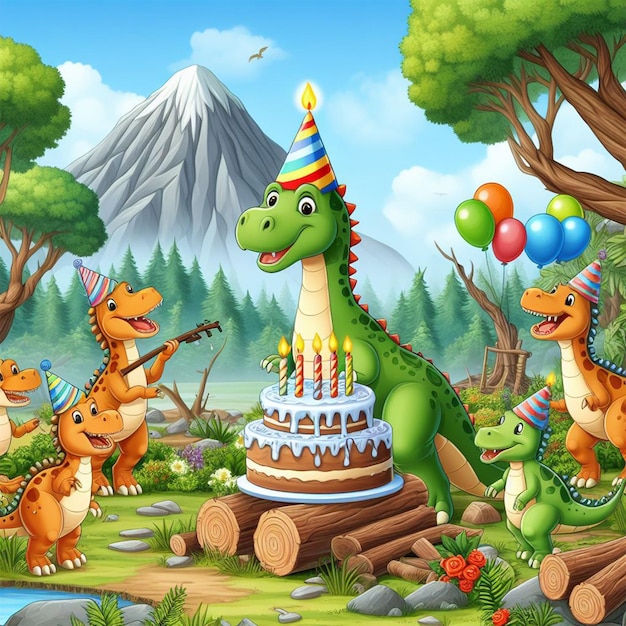 Foto dyno comemorando aniversário em uma floresta ilustração de desenho animado para livro de histórias da escola ai imagens