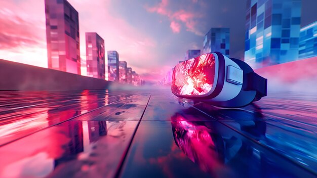 Foto dystopian cityscape com fone de ouvido de realidade virtual