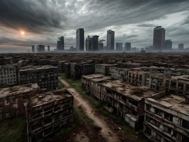 Dystópica apocalíptica ciudad abandonada y destruida con un sol en el cielo