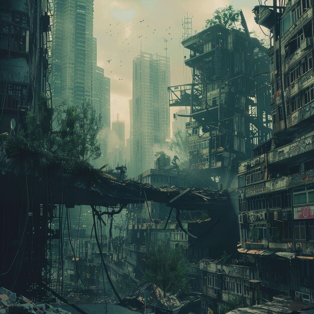 Dystopische Zukunftsstadttour, die das Leben nach dem Zusammenbruch erforscht