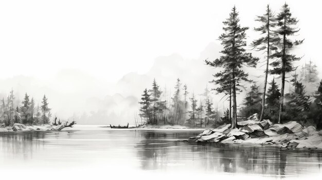Foto e a floresta branca e o lago pintura realista em tinta preta