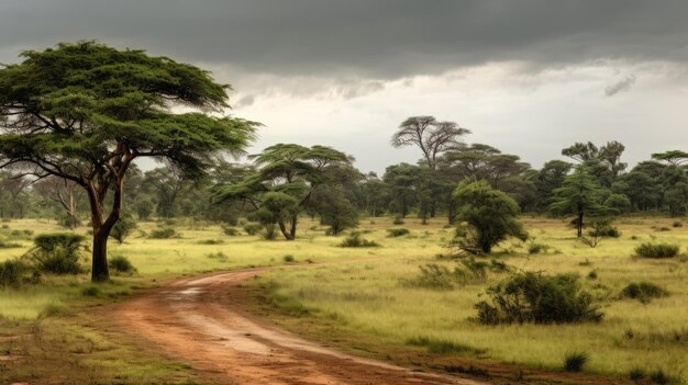 Foto e atmosfera úmida na savana de uganda com árvores caducifólias e tempo chuvoso