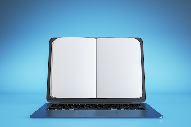 E-Book-Bibliothek und Digitalisierungskonzept mit Vorderansicht auf leeren weißen Notizbuchseiten für Werbe- und Marketingtexte oder Logos auf modernem Laptop-Bildschirm auf blauem Hintergrund, 3D-Rendering-Attrappe