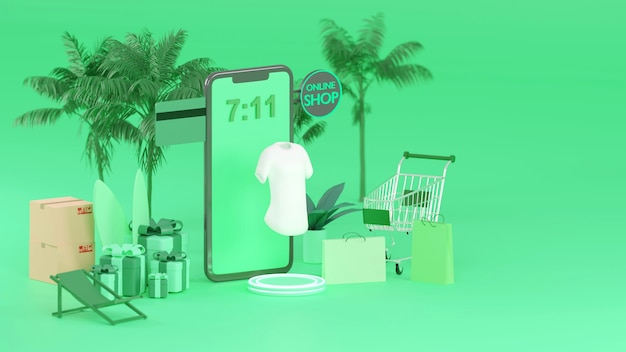 E-Commerce-Konzept im Sommer, Online-Shopping und Lieferservice für mobile Anwendungen, Transport oder Lieferung von Lebensmitteln per Roller, 3D-Rendering.