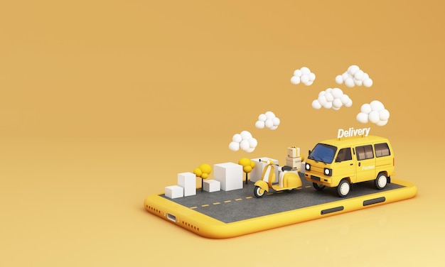 E-Commerce-Konzept Lieferdienst auf mobiler Anwendung Transportlieferung mit Lieferwagen und Motorrad-Scooter auf der Straße in Smartphone-Produktenverpackungen Geschenkkisten gelber Ton 3D-Rendering