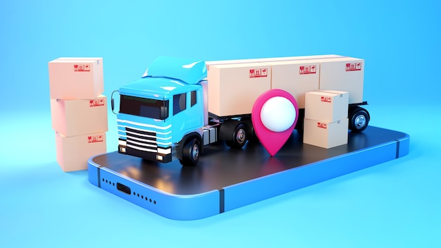 E-Commerce-Konzept, Lieferservice auf mobiler Anwendung, Transport per LKW, 3D-Rendering