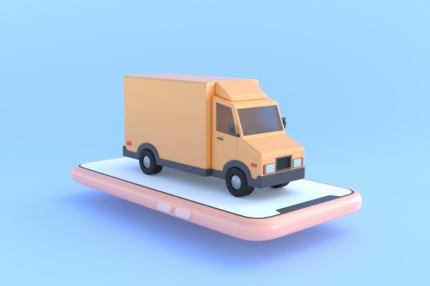 E-Commerce-Konzept, Lieferservice auf mobiler Anwendung, Transportlieferung per LKW, 3D-Abb