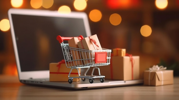 E-Commerce-Konzept mit Laptop mit Einkaufswagen
