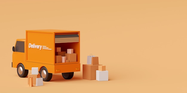 E-Commerce-Konzept Transportsendung Lieferung durch LKW-3D-Rendering