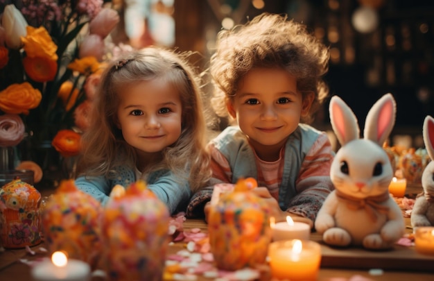 e crianças com orelhas de coelho estão brincando com ovos de Páscoa na mesa de jantar