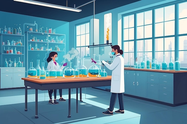 E ein Chemie-Labor mit Studenten, die Experimente über die Eigenschaften von Gasen durchführen Vektor-Illustration im flachen Stil