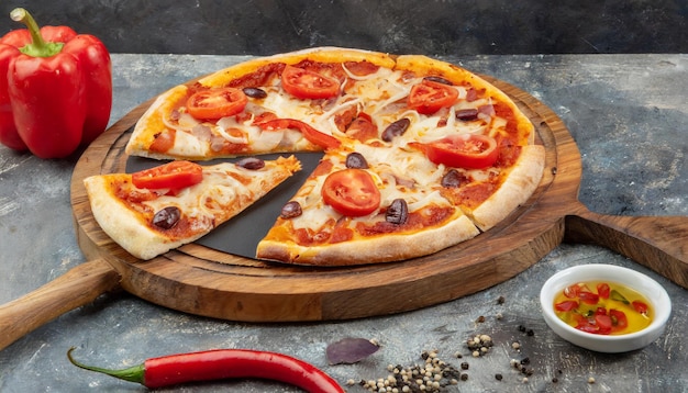 e foto vista lateral de pizza com fatias de pimentão e fatias de pizza geradas por IA