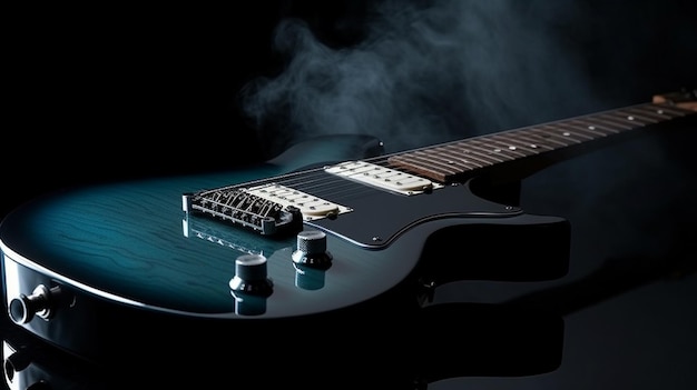 E-Gitarre mit Rauch auf schwarzem Hintergrund, generative KI