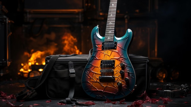 E-Gitarre und It39s-Tasche auf dunklem Hintergrund