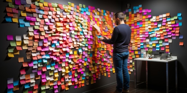 e inteligência artificial bonita a pôr notas coloridas na parede.
