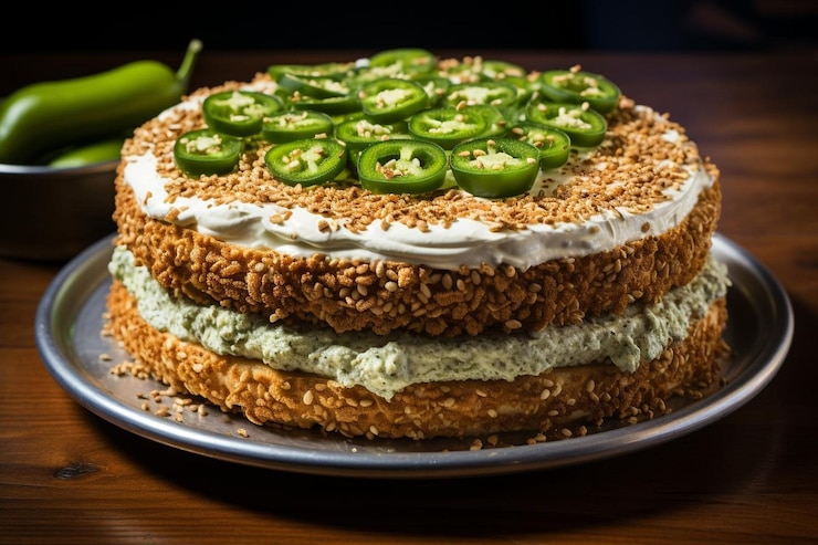 Foto e jalapeno aioli espalhado em uma torta