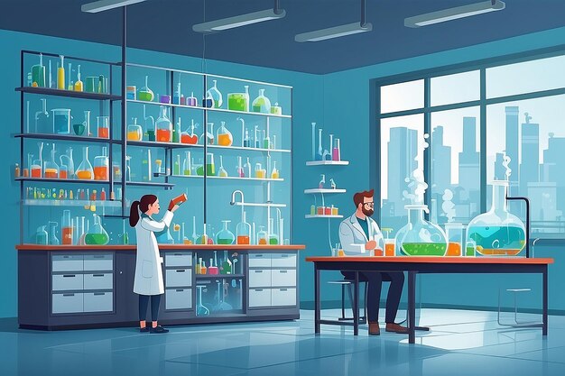 e un laboratorio de química con estudiantes que llevan a cabo experimentos sobre las propiedades de los gases ilustración vectorial en estilo plano