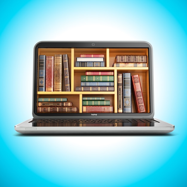 E-Learning-Ausbildung, Internetbibliothek oder Buchhandlung. Laptop und Vintage-Bücher auf blauem Hintergrund. 3d