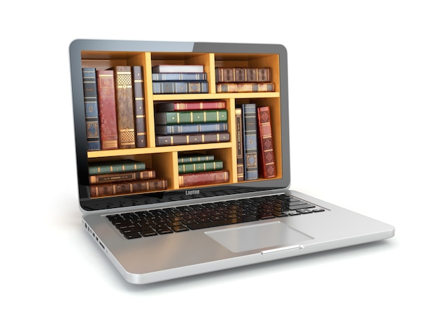 E-Learning-Ausbildung, Internetbibliothek oder Buchhandlung. Laptop- und Weinlesebücher getrennt auf Weiß. 3d