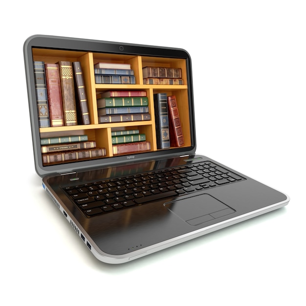 E-Learning-Ausbildung, Internetbibliothek oder Buchhandlung. Laptop- und Weinlesebücher getrennt auf Weiß. 3d