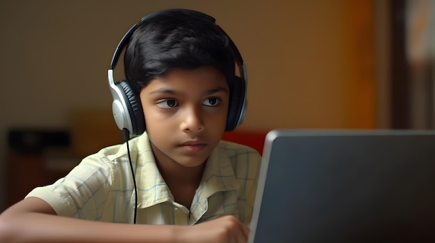 E-learning de videoconferência de estudante de menino indiano com professor e colegas de classe no computador na sala de estar em casa Ensino em casa e ensino à distância Generative Ai