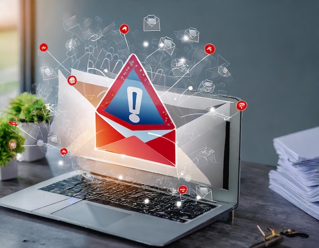 Foto e-mail-eingang und spam-virus mit warnung vorsicht für die benachrichtigung über internet-briefsicherheit p