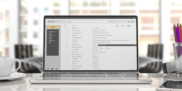 Foto e-mails auf einem laptop-bildschirm isoliert auf einem schreibtisch büro hintergrund 3d-darstellung