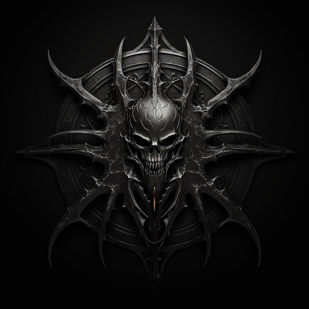 Foto e o logotipo gótico de couro com o símbolo do crânio do diabo escuro.