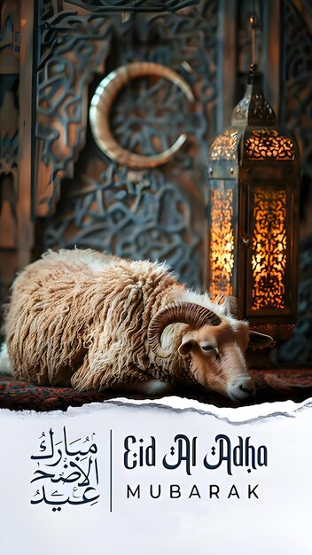 Foto eadhal social media post com decoração islâmica fundo com cabras ovelhas lanter árabe