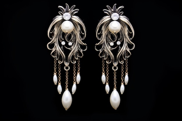 Earrings de perlas blancas de elegancia prístina adornados con una delicada cadena de metal