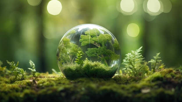 Earth Day Green Globe im Wald mit Moos und defokussiert