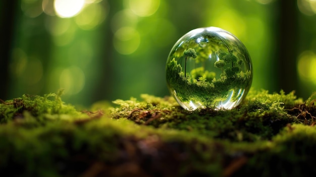 Earth Day Green Globe im Wald mit Moos und defokussiert