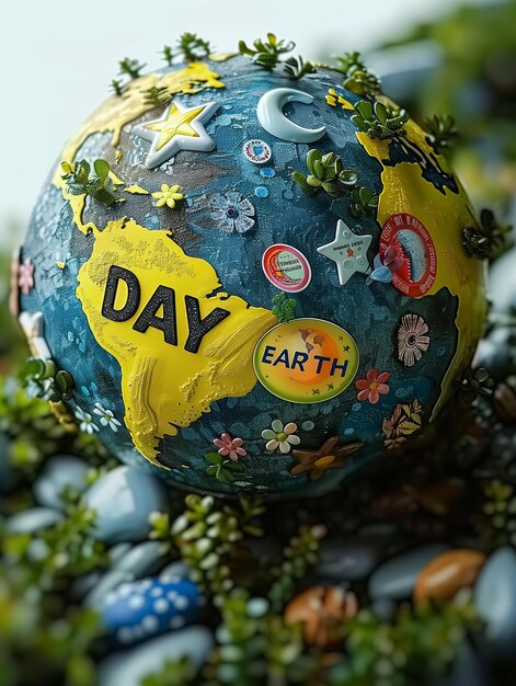 Foto earth day-illustration, die mit einem 3d-planeten mit aufkleber in cartoon-stil generiert wurde