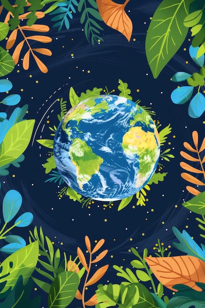 Earth Day Poster Hintergrund mit grünen Blättern um den Planeten Erde Illustration