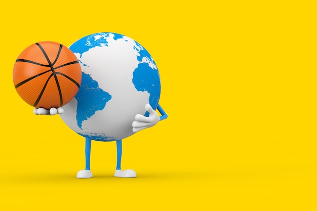 Earth Globe Character Maskottchen mit Basketball Ball auf gelbem Grund. 3D-Rendering