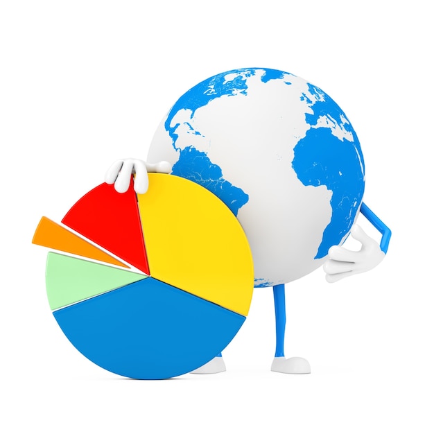 Earth Globe Character Maskottchen mit Info Graphics Business Kreisdiagramm auf weißem Hintergrund. 3D-Rendering