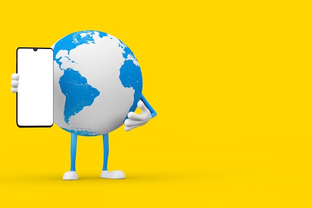 Earth Globe Character Maskottchen und modernes Handy mit leerem Bildschirm für Ihr Design auf gelbem Hintergrund. 3D-Rendering