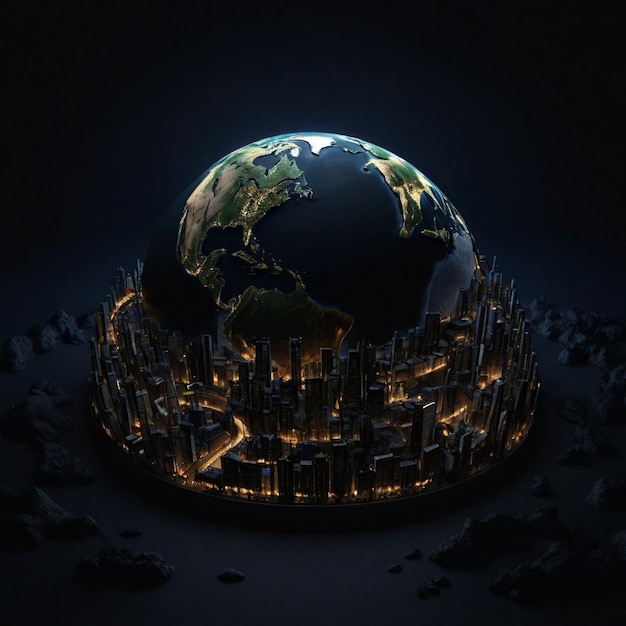 Earth Hour Conceptual 3D Render Realista Terra escurecida para visuais de consciência ecológica