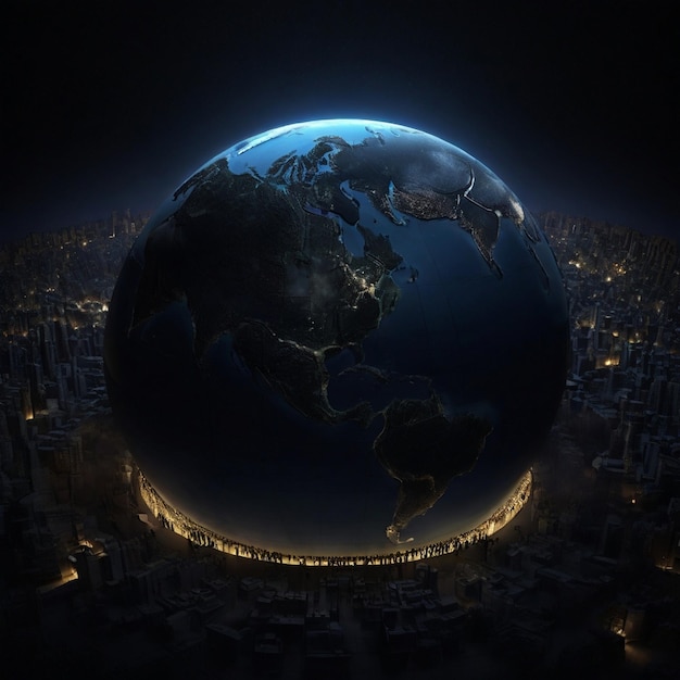 Earth Hour Conceptual 3D Render Realista Terra escurecida para visuais de consciência ecológica