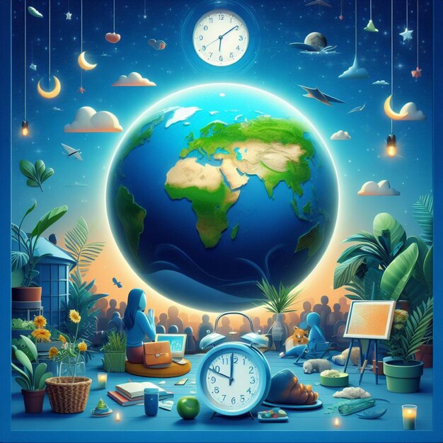 Earth-Hour-Poster-Vorlage mit dem 3D-Illustration-Element dieses Videos