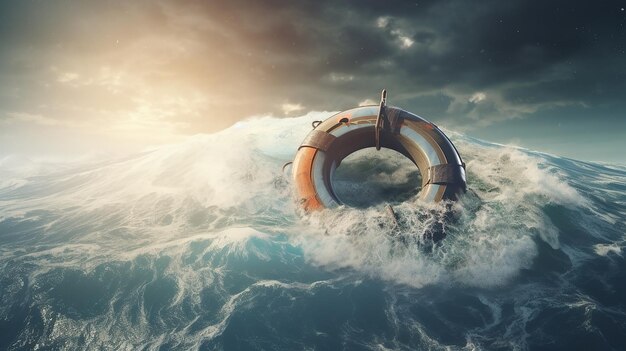 Earth_On_Lifebuoy_In_Storm_Ocean__3d_rendering_with