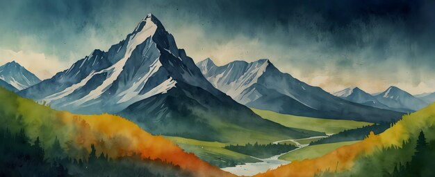 Earths Grandeur Mountain Echo Aquarell Handzeichnung für Earth Day Grußkarten und Tapeten