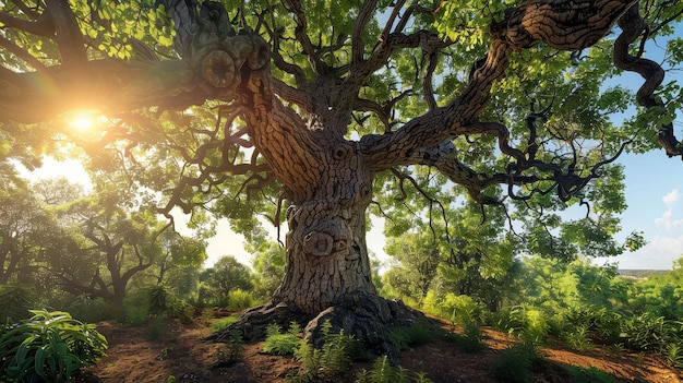 Earthy Oak Tree Bark Majestic Baum steht hoch in einem üppigen Wald Bright Sunny Day 3D Render Golden Hour Tiefe des Feldes Bokeh-Effekt Panoramablick