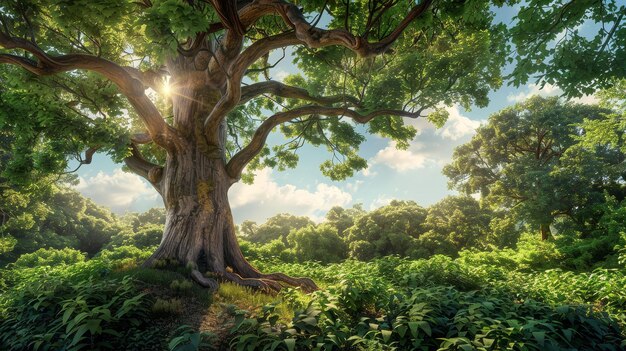 Earthy Oak Tree Bark Majestic Baum steht hoch in einem üppigen Wald Bright Sunny Day 3D Render Golden Hour Tiefe des Feldes Bokeh-Effekt Panoramablick