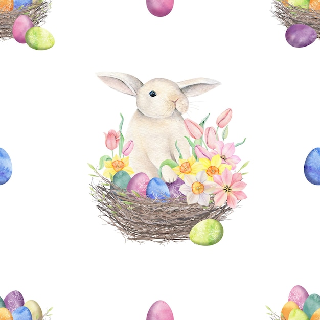 Easter Cute Bunny nahtloses Muster Handgezeichnete Aquarell-Tierillustration für Stoff Kaninchen-Geschenkpapier