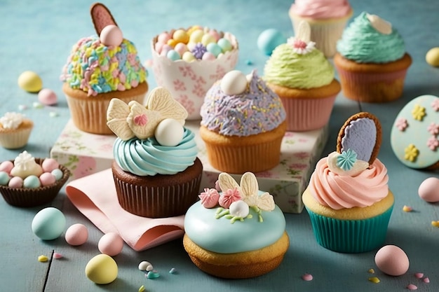 EasterThemed Treats Cupcakes dekoriert mit Pastellfarben und Ostermotiven Generative KI