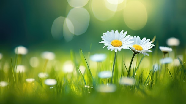 Eauty da primavera com uma imagem de uma margarida em um prado verde ensolarado