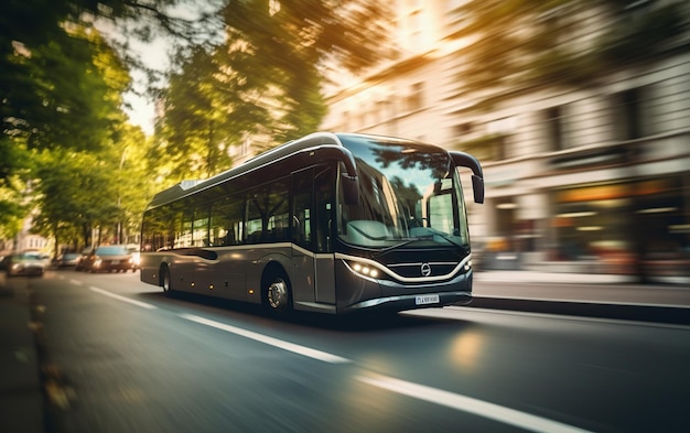 Foto ebus preto em uma rua da cidade com efeito de movimento desfocado