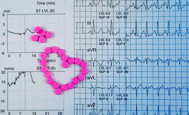 Foto ecg ou ecg electrocardiograma relatório de gráfico papel est resultado do teste de estresse de exercício e forma de coração rosa feito de comprimidos de warfarina warfarin comprimidos cor-de-rosa para tratamento de fibrilação atrial